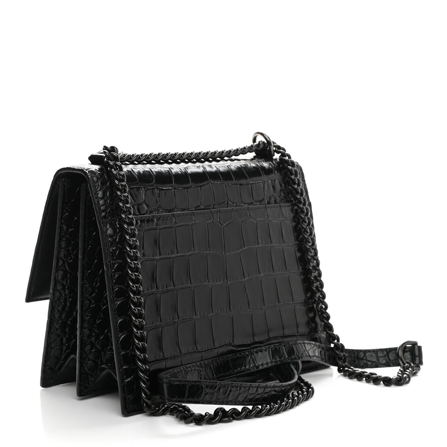 Shiny Calfskin Monochrome Crocodile Embossed S Sharp Chain Shoulder Bag Black