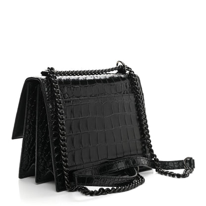Balenciaga Shiny Calfskin Monochrome Crocodile Embossed S Sharp Chain Shoulder Bag Black 3 of 14