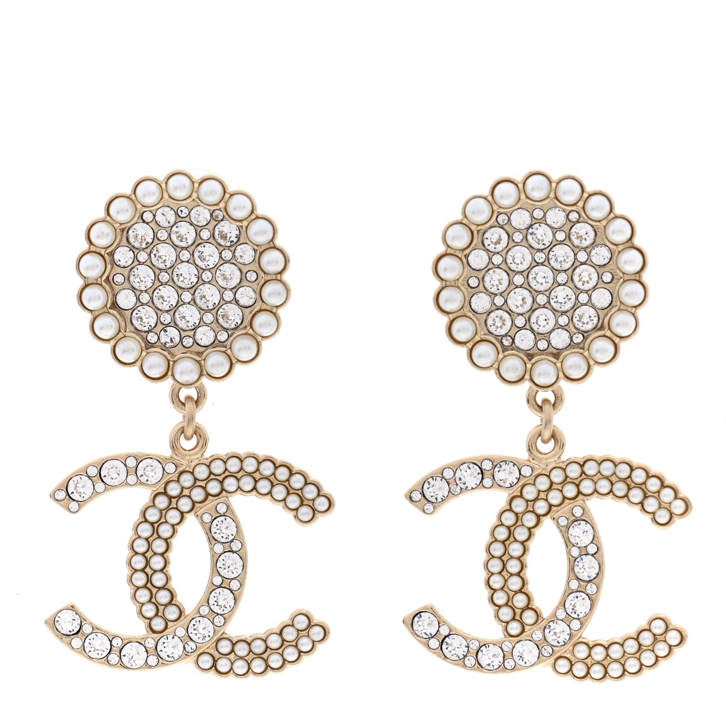 Crystal Pearl CC Drop Round Earrings Gold