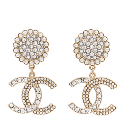 Chanel Crystal Pearl CC Drop Round Earrings Gold 1 of 5