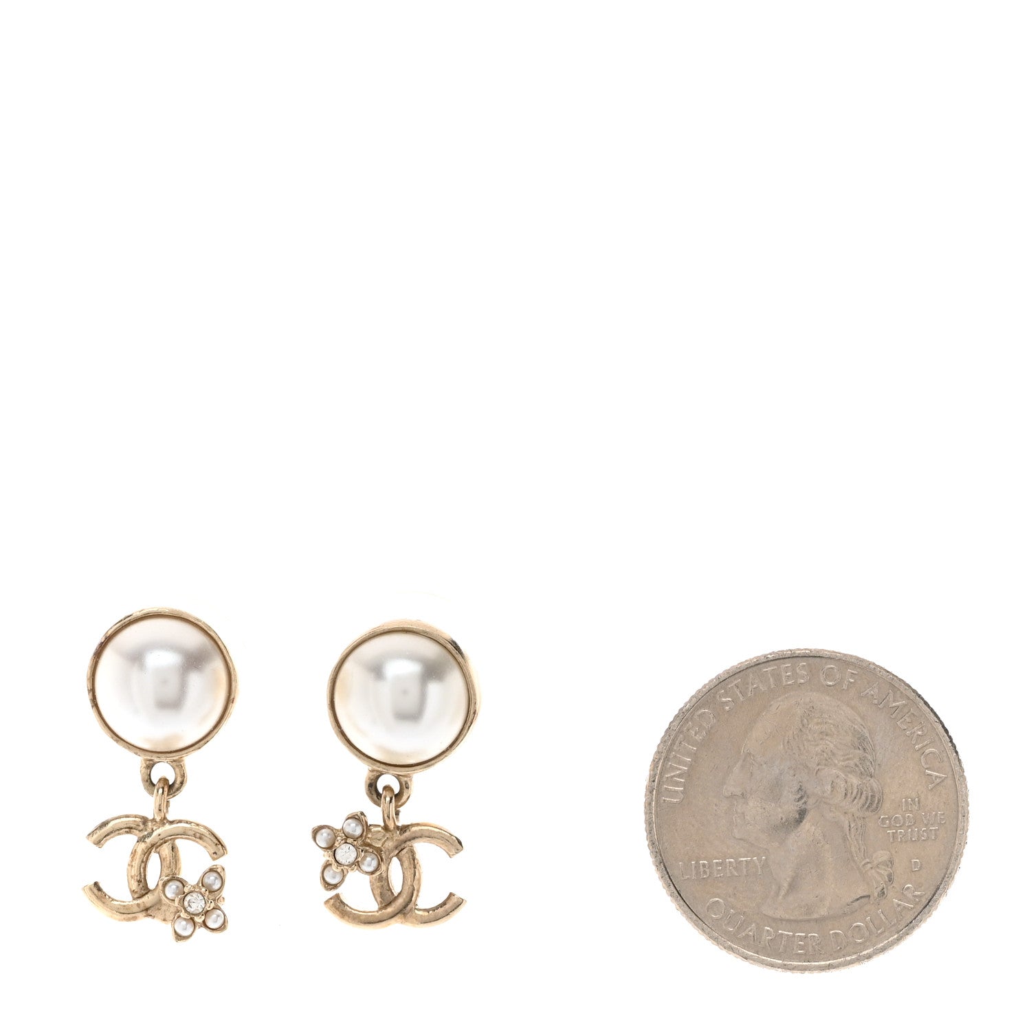 Chanel Pearl Crystal CC Flower Drop Earrings Gold Pearly White 2 of 5