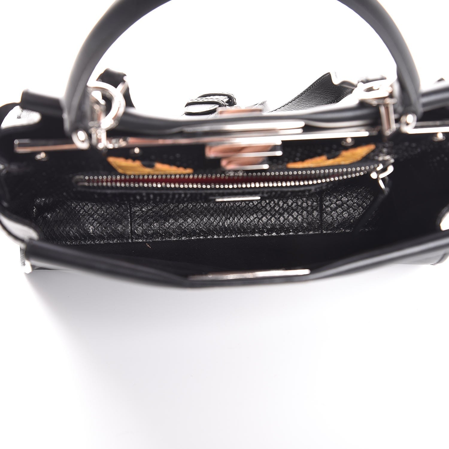 Fendi Vitello Seta Python Crocodile Monster Eyes Medium Peekaboo Iconic Satchel Black Girasole 6 of 9