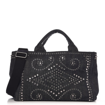 Prada Denim Crystal Studded Canapa Tote Black 1 of 9