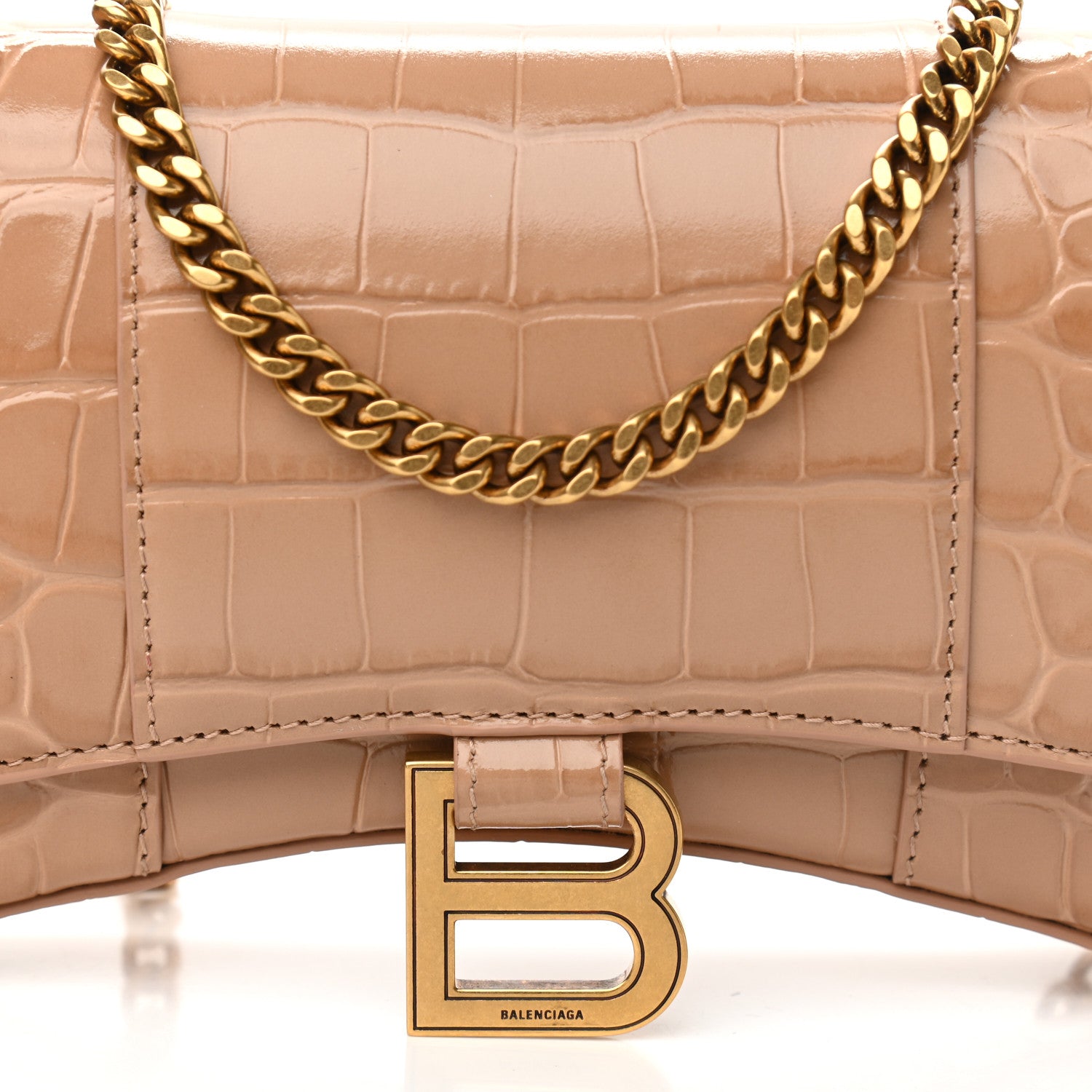 Balenciaga Shiny Calfskin Crocodile Embossed Hourglass Chain Bag Nude Beige 10 of 12