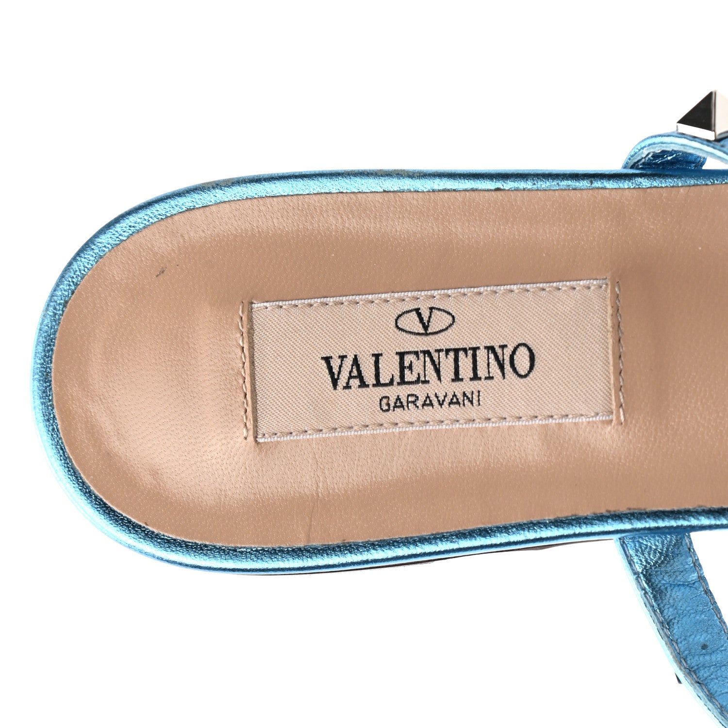 Valentino Garavani Metallic Calfskin Rockstud Caged Flat Slide Sandals 36 Cerulean 8 of 9