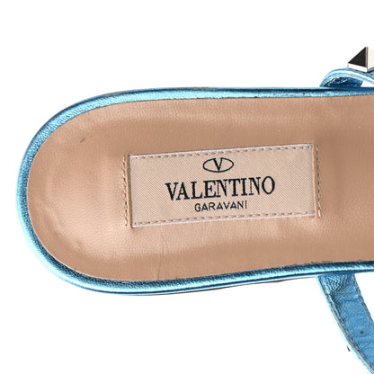 Valentino Garavani Metallic Calfskin Rockstud Caged Flat Slide Sandals 36 Cerulean 8 of 9