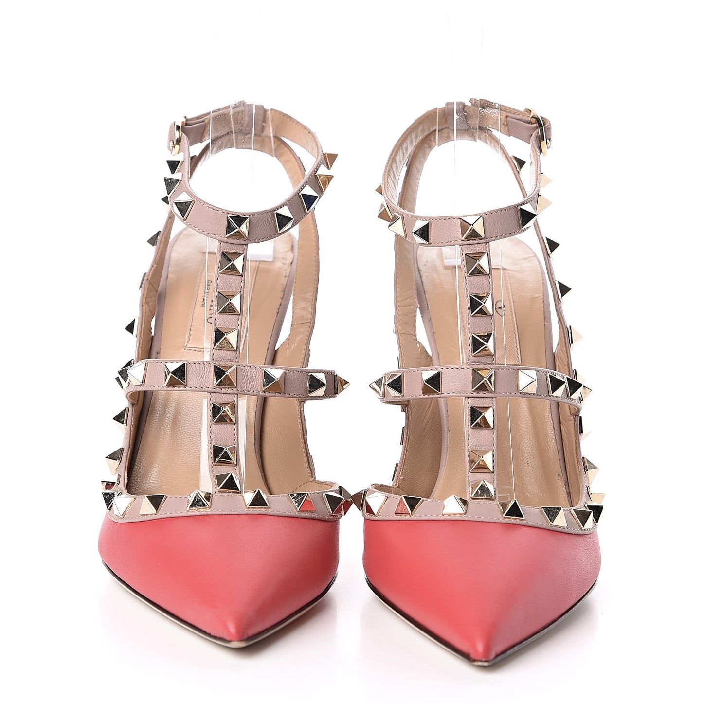 Calfskin Nappa Rockstud Ankle Strap 100mm Pumps 37.5 Deep Coral Poudre