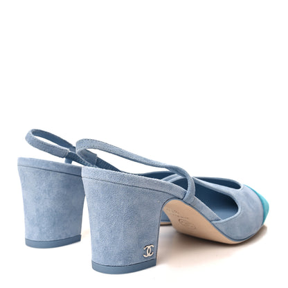 Chanel Suede Cap Toe CC Slingback Pumps 37.5 Light Blue Turquoise 4 of 9