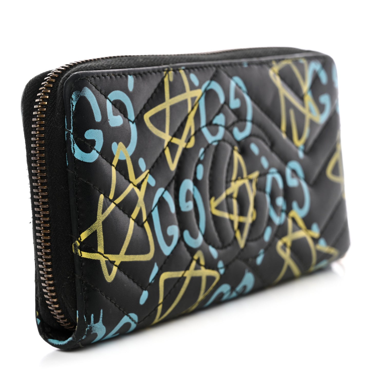 Calfskin Matelasse GucciGhost GG Marmont Zip Around Wallet Black New Acquamarine