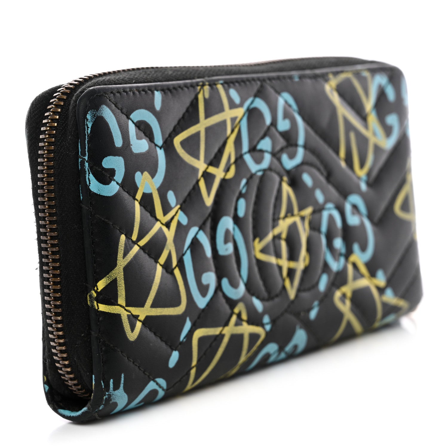 Gucci Calfskin Matelasse GucciGhost GG Marmont Zip Around Wallet Black New Acquamarine 7 of 13