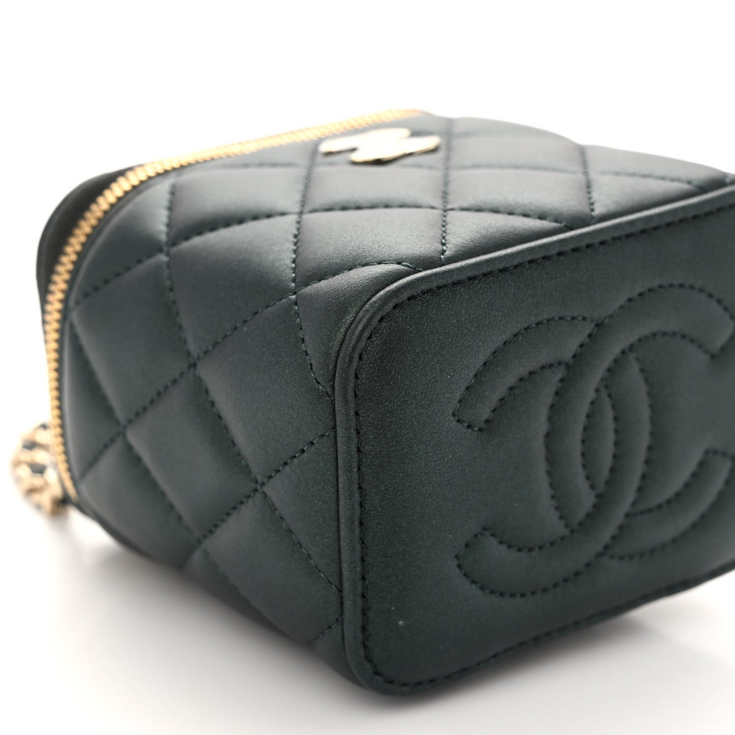 Iridescent Lambskin Quilted Mini Top Handle Vanity Case With Chain Dark Green