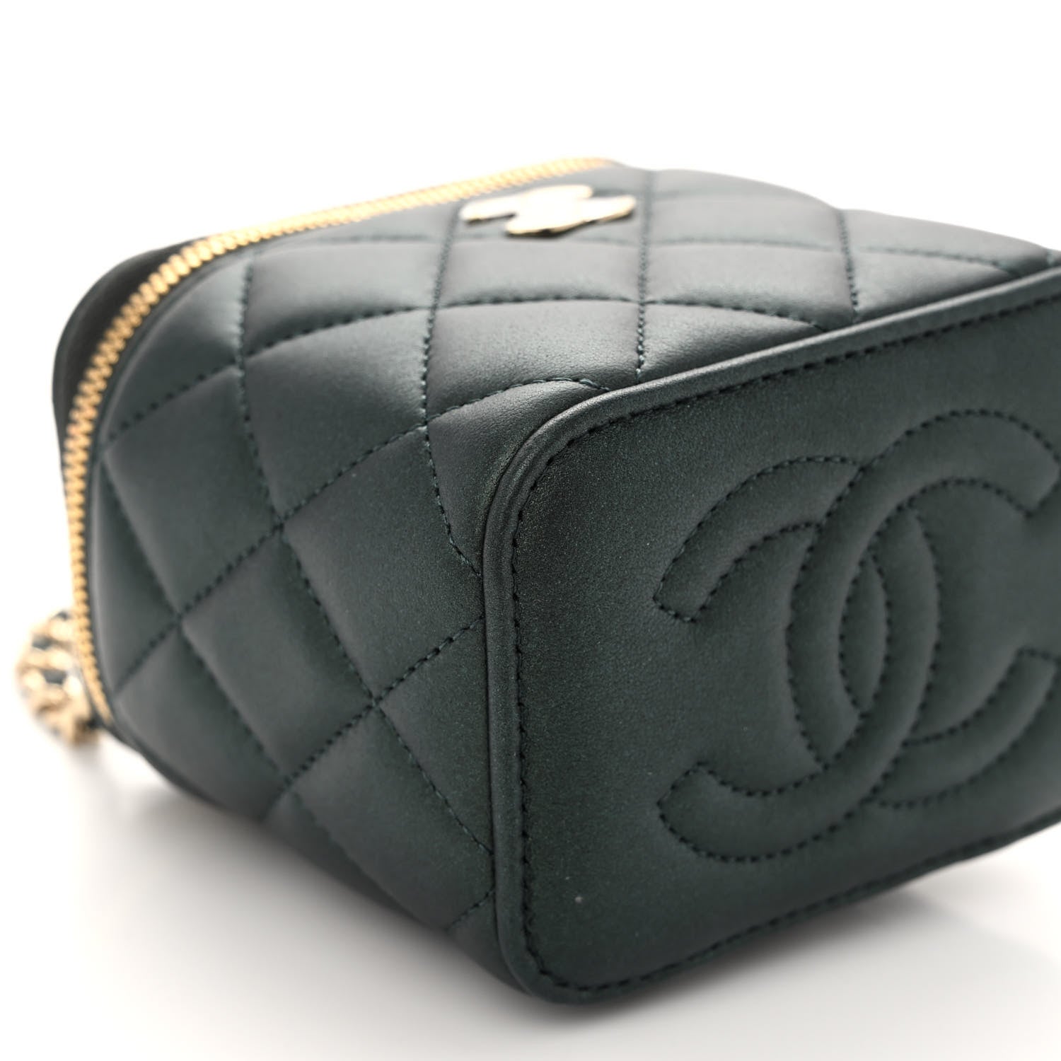 Chanel Iridescent Lambskin Quilted Mini Top Handle Vanity Case With Chain Dark Green 9 of 10
