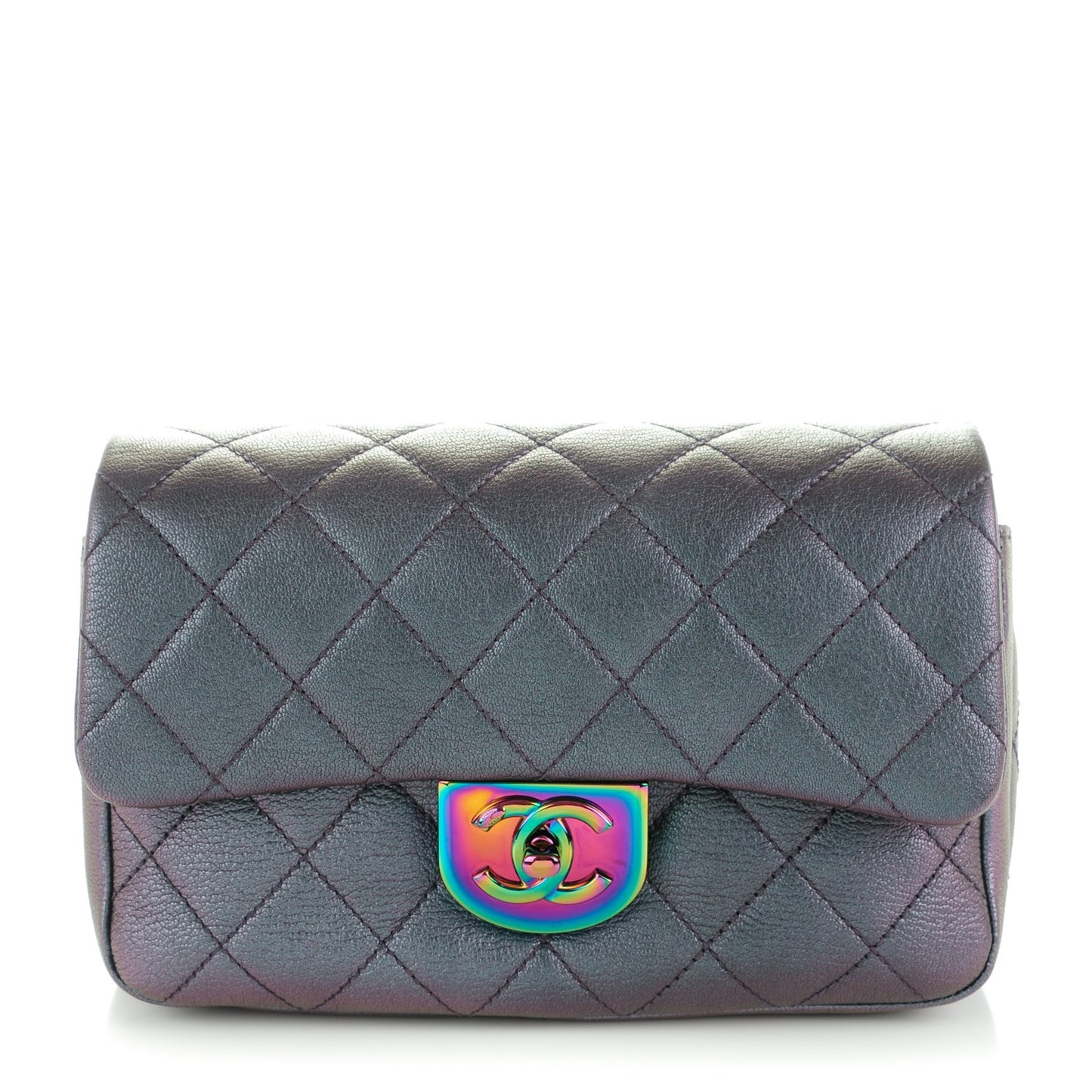 Iridescent Goatskin Quilted Small Double Carry Waist Chain Flap Purple