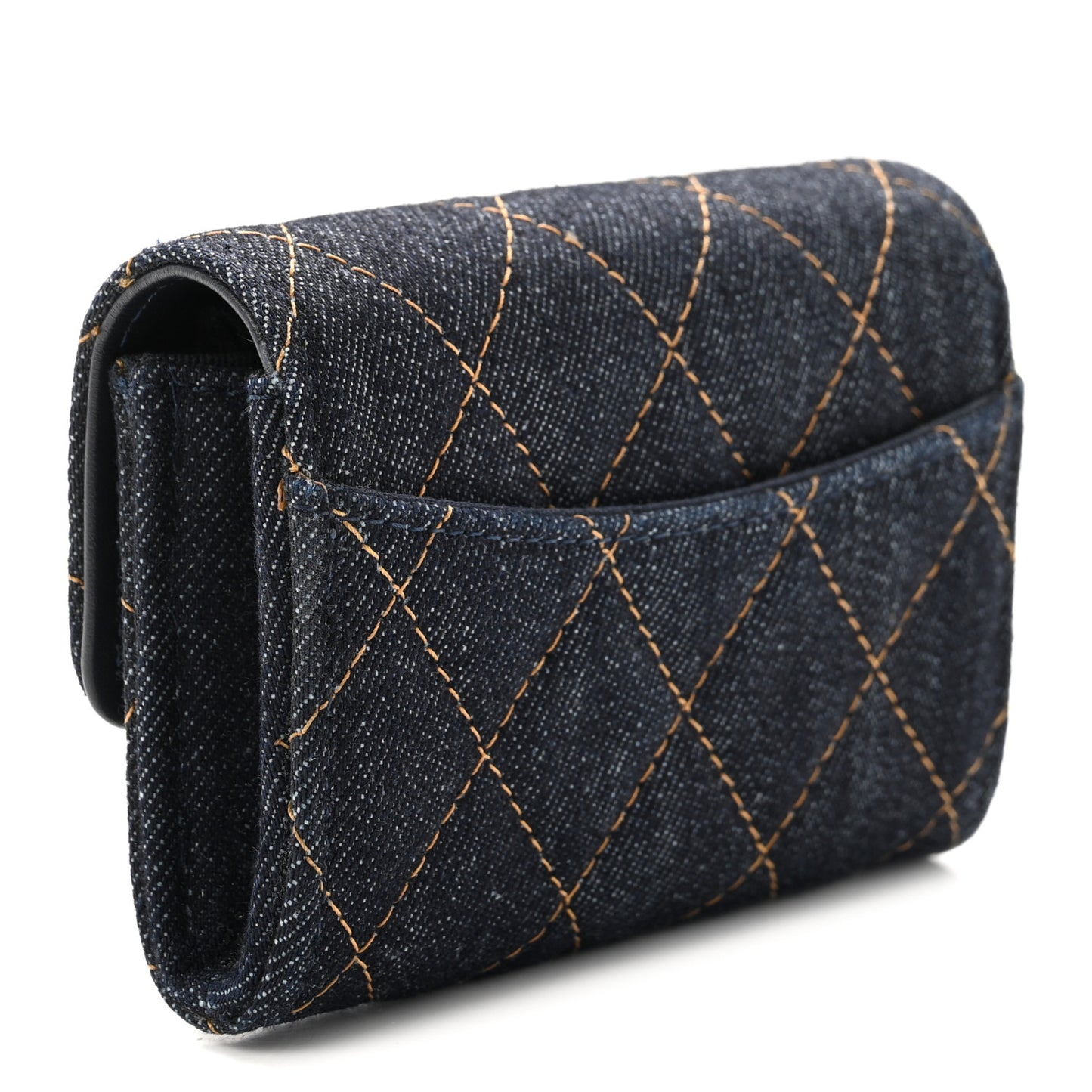 Denim Quilted Flap Card Holder Wallet Dark Blue Orange
