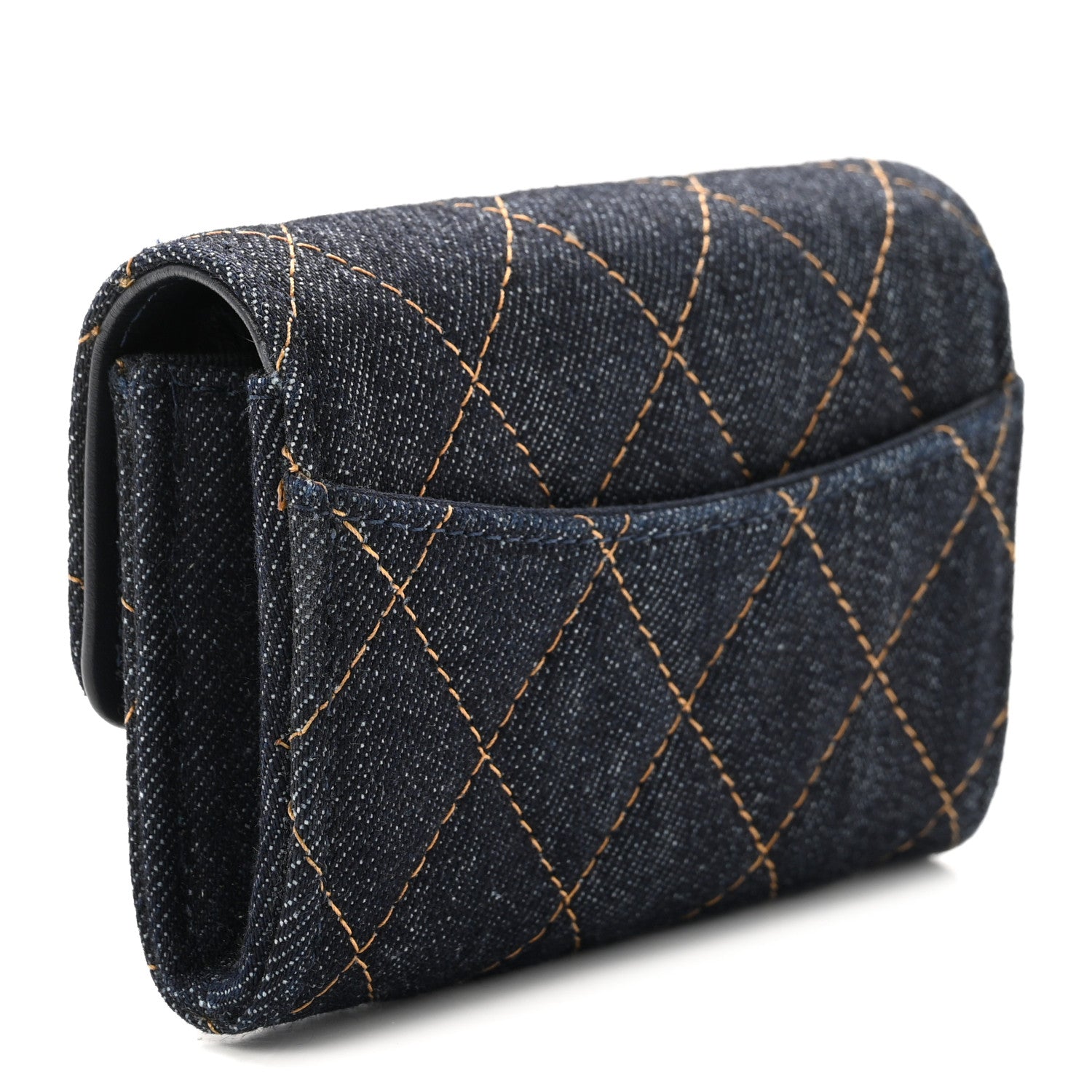 Chanel Denim Quilted Flap Card Holder Wallet Dark Blue Orange 3 of 8