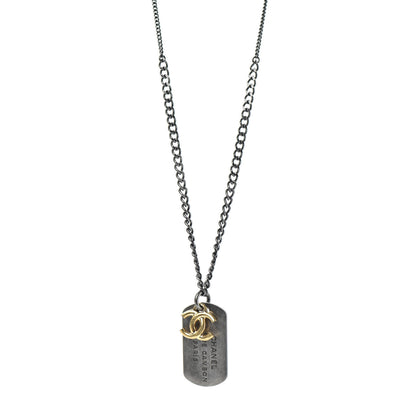 Chanel Ruthenium ID Dog Tag Charm Necklace Silver Gold 1 of 6