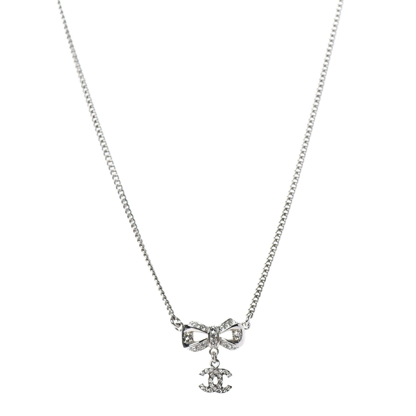Crystal CC Bow Necklace Silver