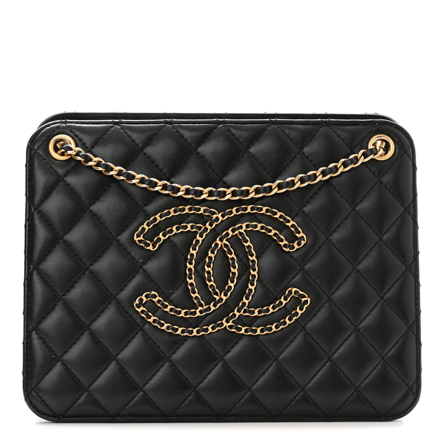 Calfskin Quilted CC Chain Accordion Tote Black