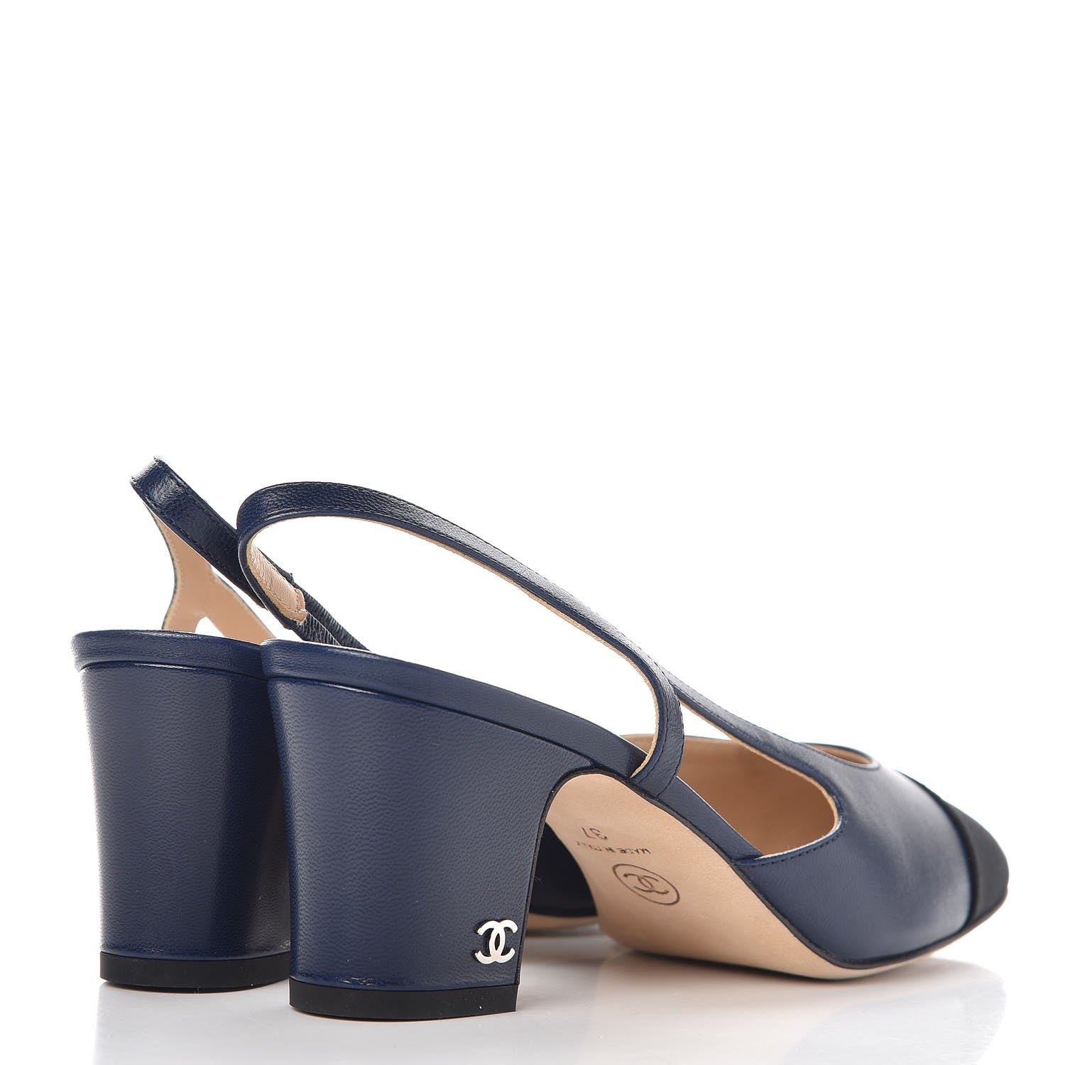 Chanel Lambskin Grosgrain Cap Toe CC Slingback Sandals 37 Navy Black 4 of 9