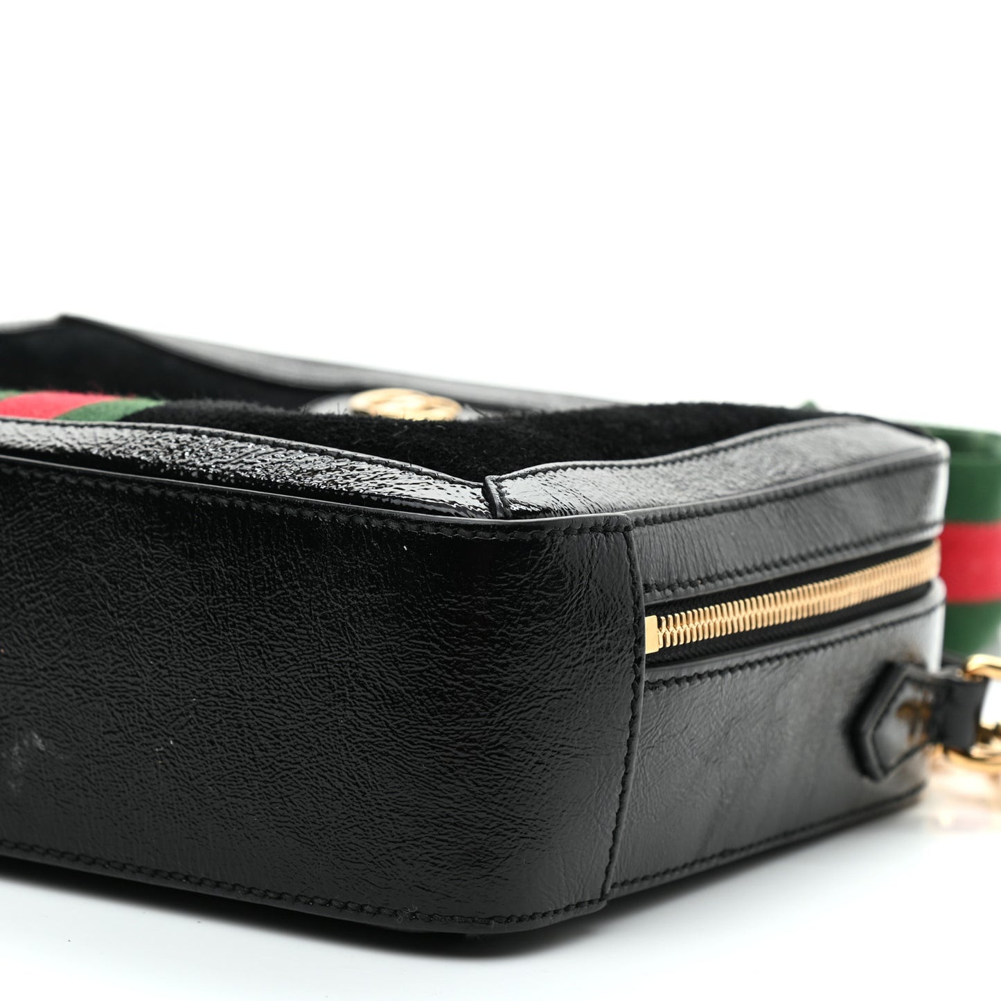 Suede Patent Web Small Ophidia Top Handle Shoulder Bag Black