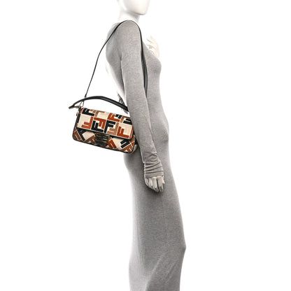 Fendi Canvas Vitello Seta FF Embroidered Baguette Brandy Black 2 of 10