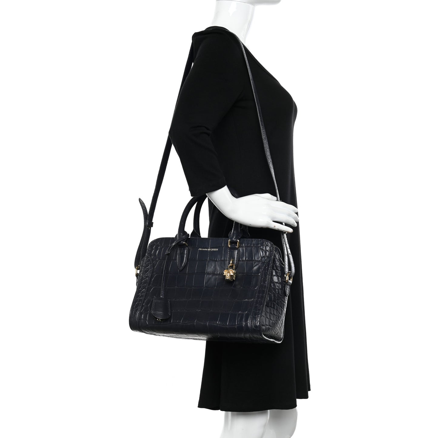 Calfskin Crocodile Embossed Small Skull Padlock Zip Around Tote Navy Blue