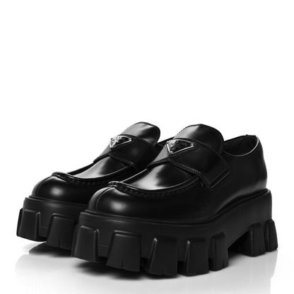 Prada Spazzolato Rois Metal Triangle Logo Monolith 55mm Loafers 37.5 Black 3 of 7