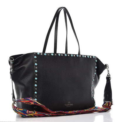 Valentino Garavani Grained Calfskin Patch Beaded Medium Rockstud Rolling Crossbody Tote Black Multicolor 4 of 8