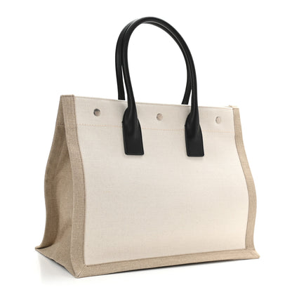 Saint Laurent Linen Calfskin Small Rive Gauche Tote Greggio Natural 3 of 10