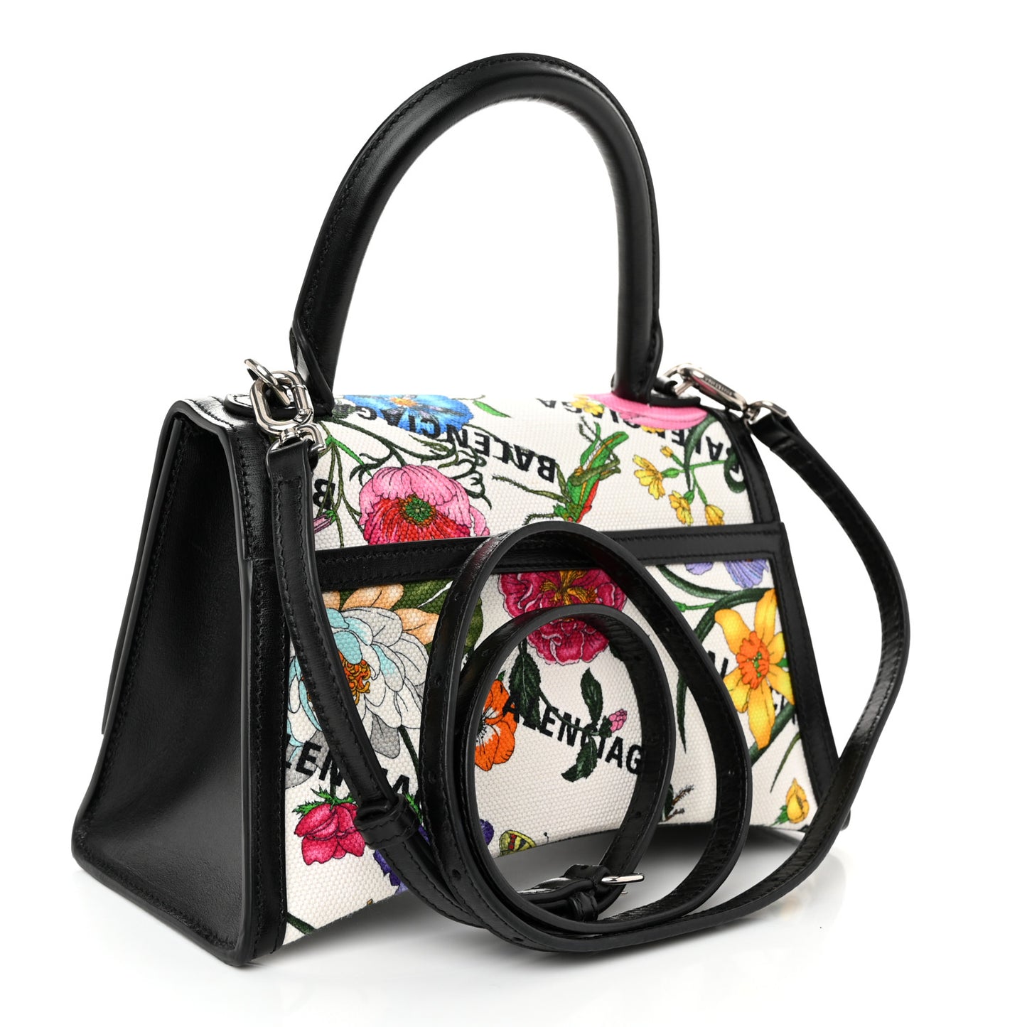 X GUCCI Canvas Boarded Plutone Calfskin Flora Logo Print Small Hourglass Top Handle Bag White Multicolor Black