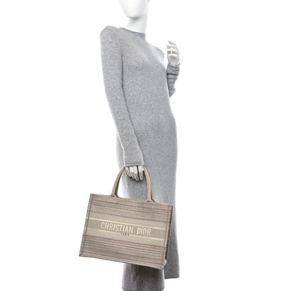 Christian Dior CHRISTIAN DIOR Canvas Embroidered Medium Stripes Book Tote Beige Multicolor 2 of 10