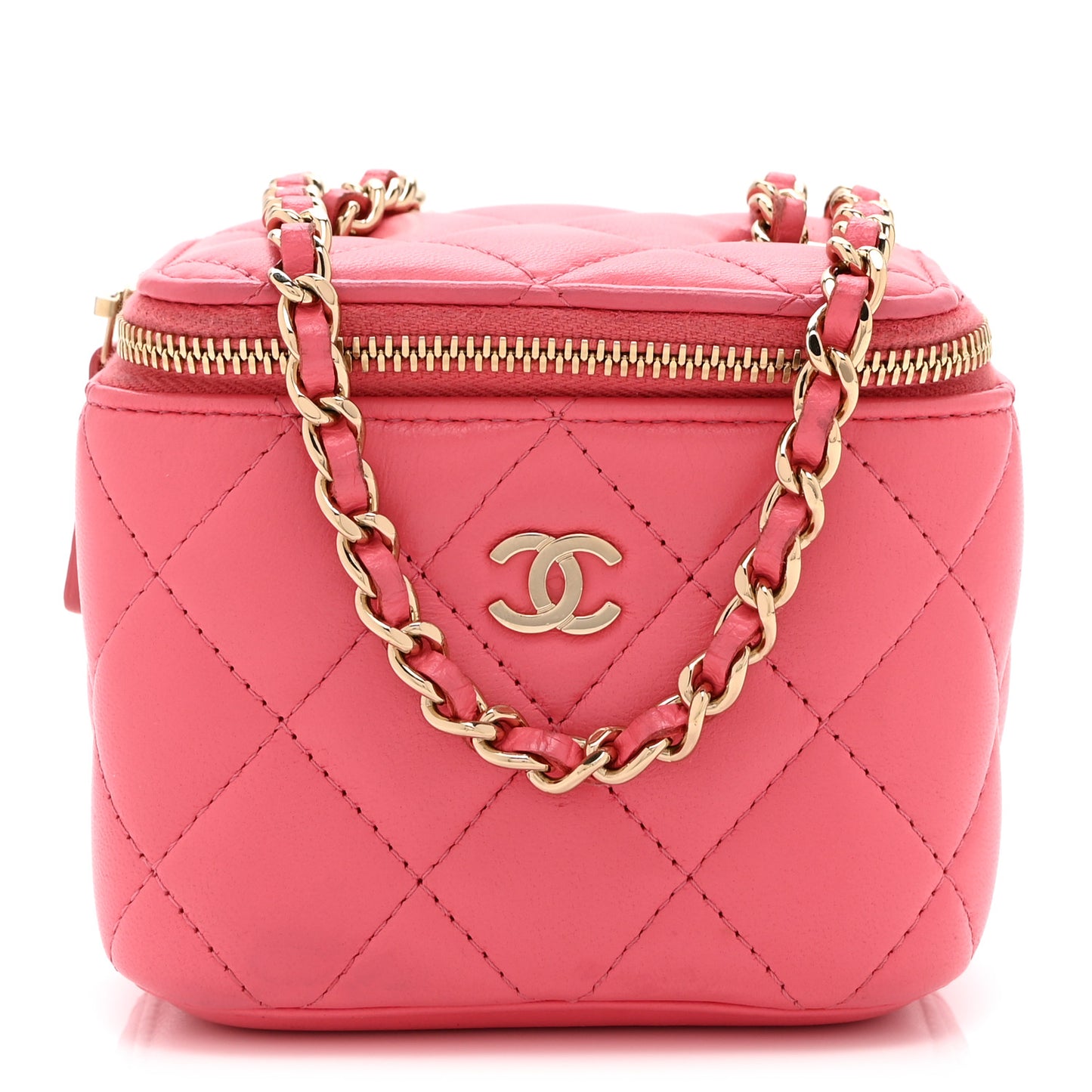 Lambskin Quilted Mini Vanity Case With Chain Pink