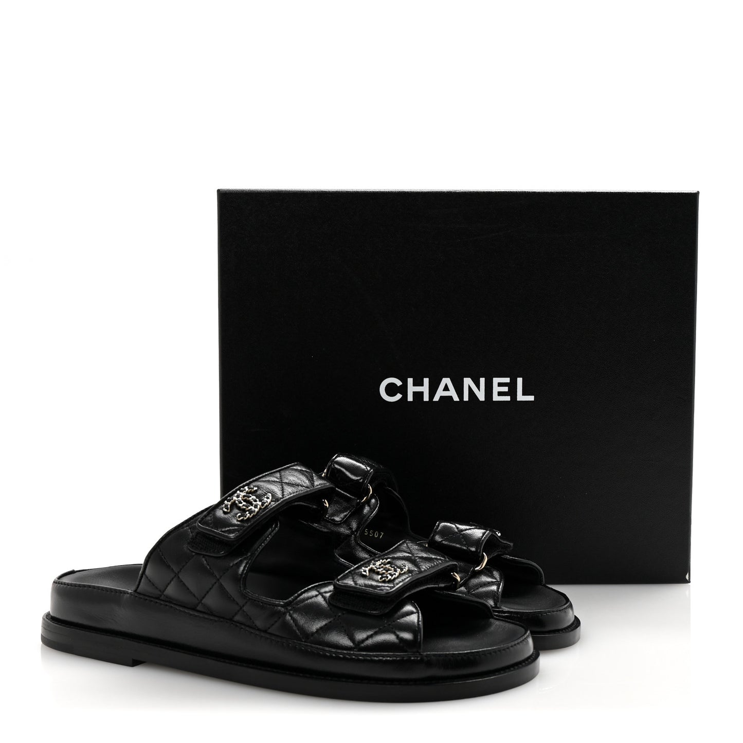 Lambskin Quilted Velcro Dad Chain CC Slide Sandals 38 Black