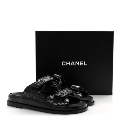 Chanel Lambskin Quilted Velcro Dad Chain CC Slide Sandals 38 Black 10 of 10