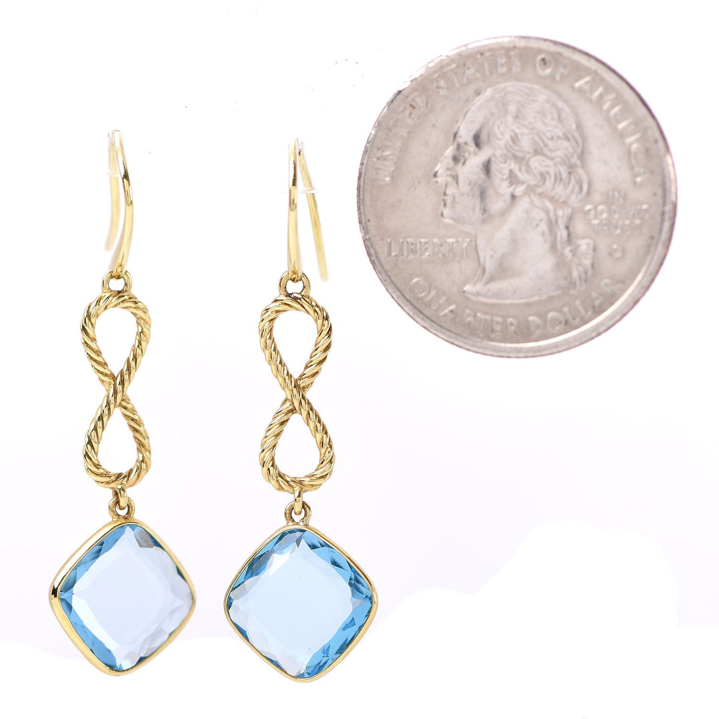 18K Yellow Gold Blue Topaz Infinity Drop Earrings
