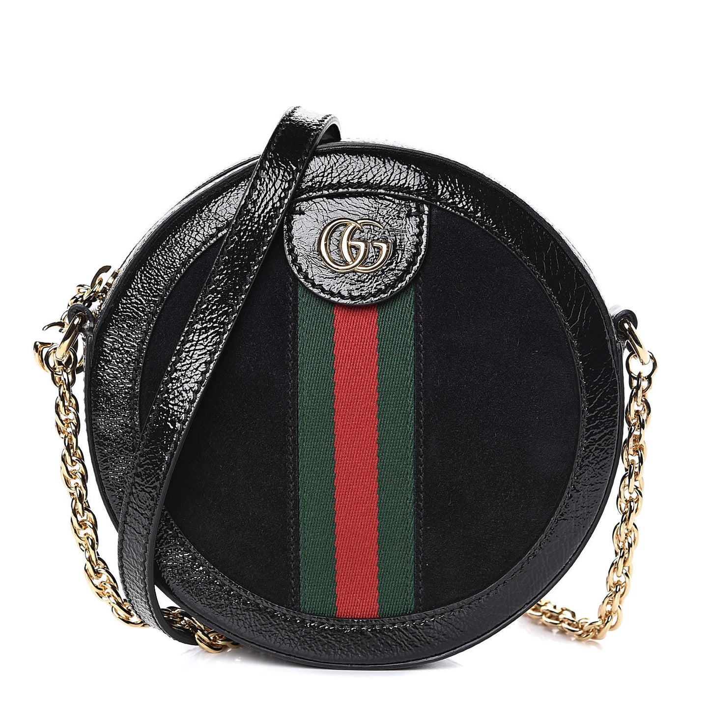 Suede Patent Web Mini Ophidia Round Shoulder Bag Black