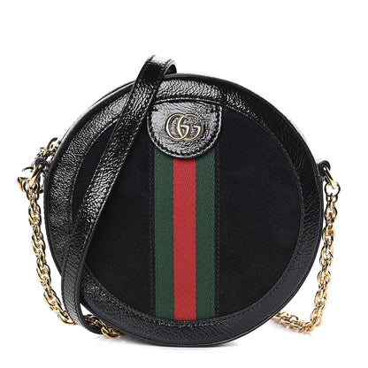 Gucci Suede Patent Web Mini Ophidia Round Shoulder Bag Black 1 of 10