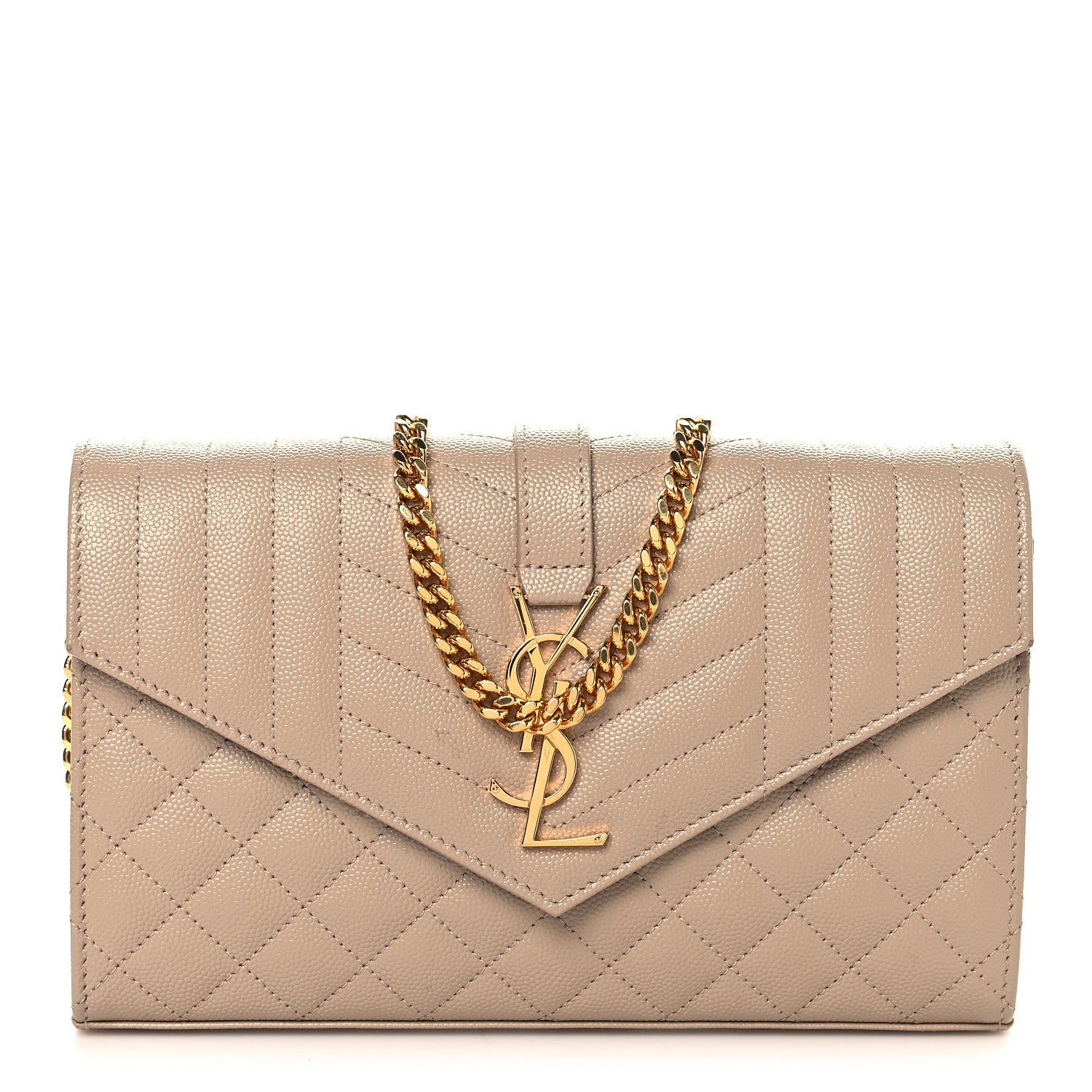 Saint Laurent Grain De Poudre Mixed Matelasse Triquilt Monogram Chain Wallet Dark Beige 1 of 12