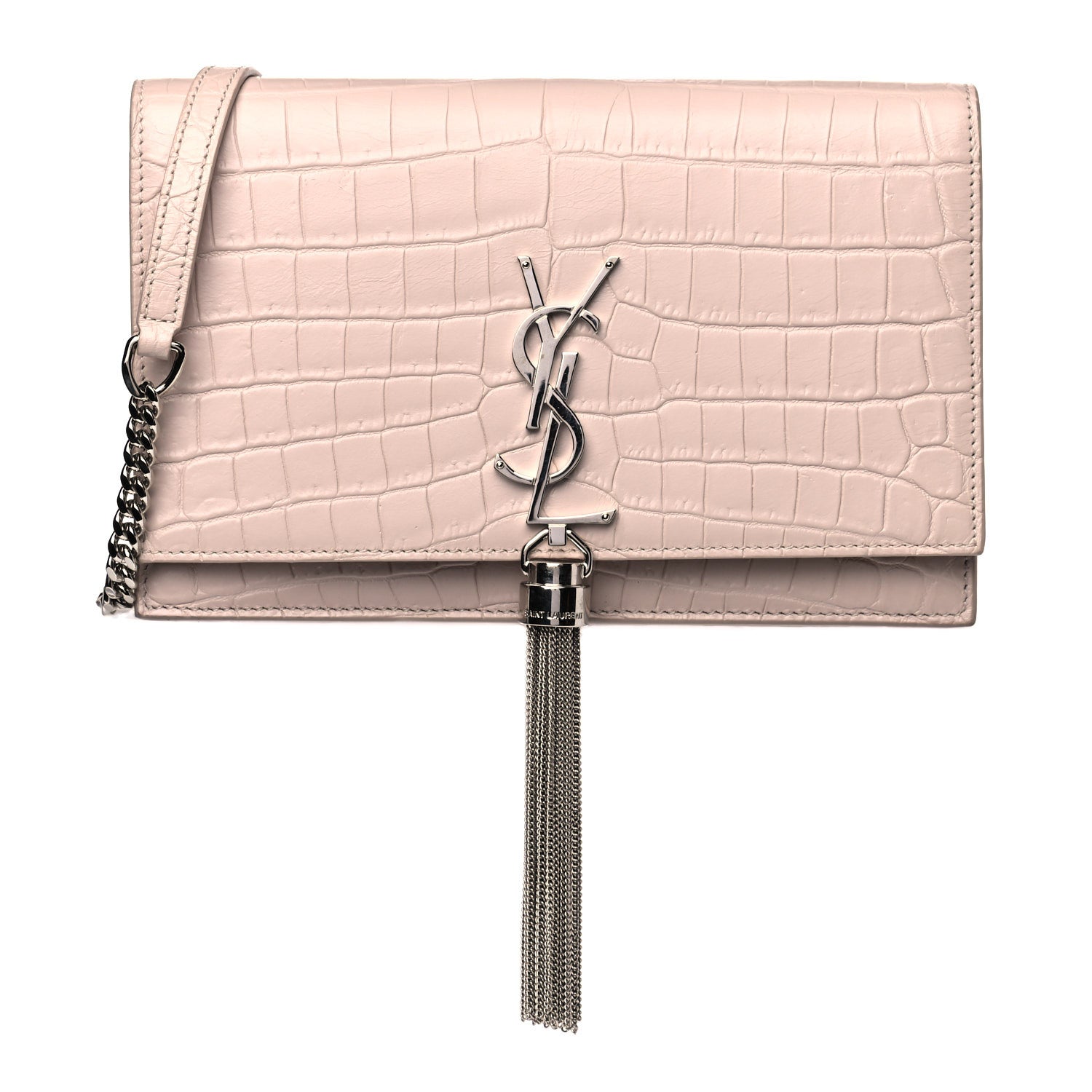 Saint Laurent Calfskin Crocodile Embossed Kate Monogram Tassel Chain Wallet Powder Pink 1 of 15