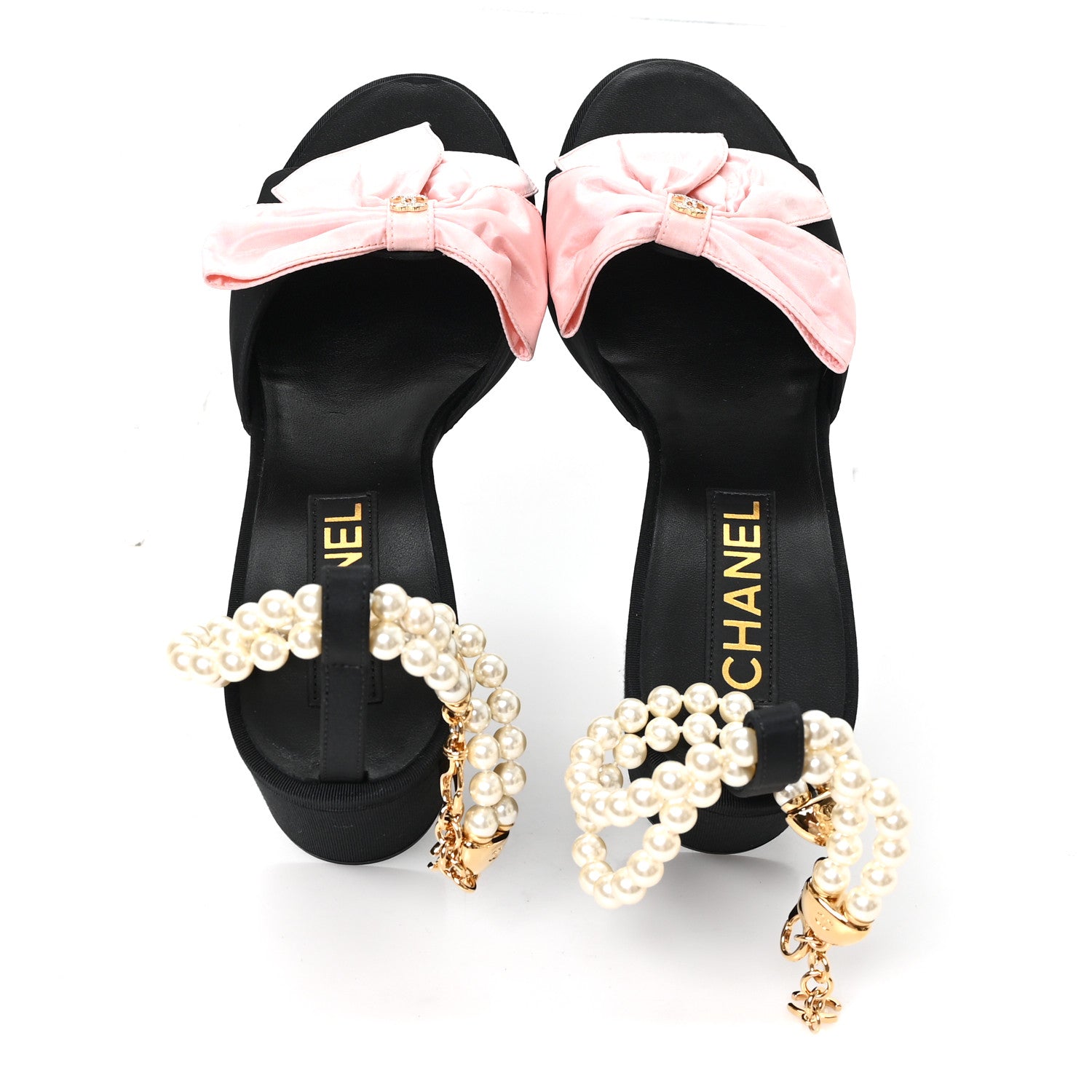 シャネル★ Chanel Silk Pearl Ankle Strap Sandals 38 Black Light Pink 1880459