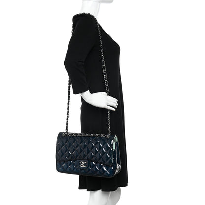 Chanel Patent Quilted Jumbo Double Flap Dark Green 2 of 13
