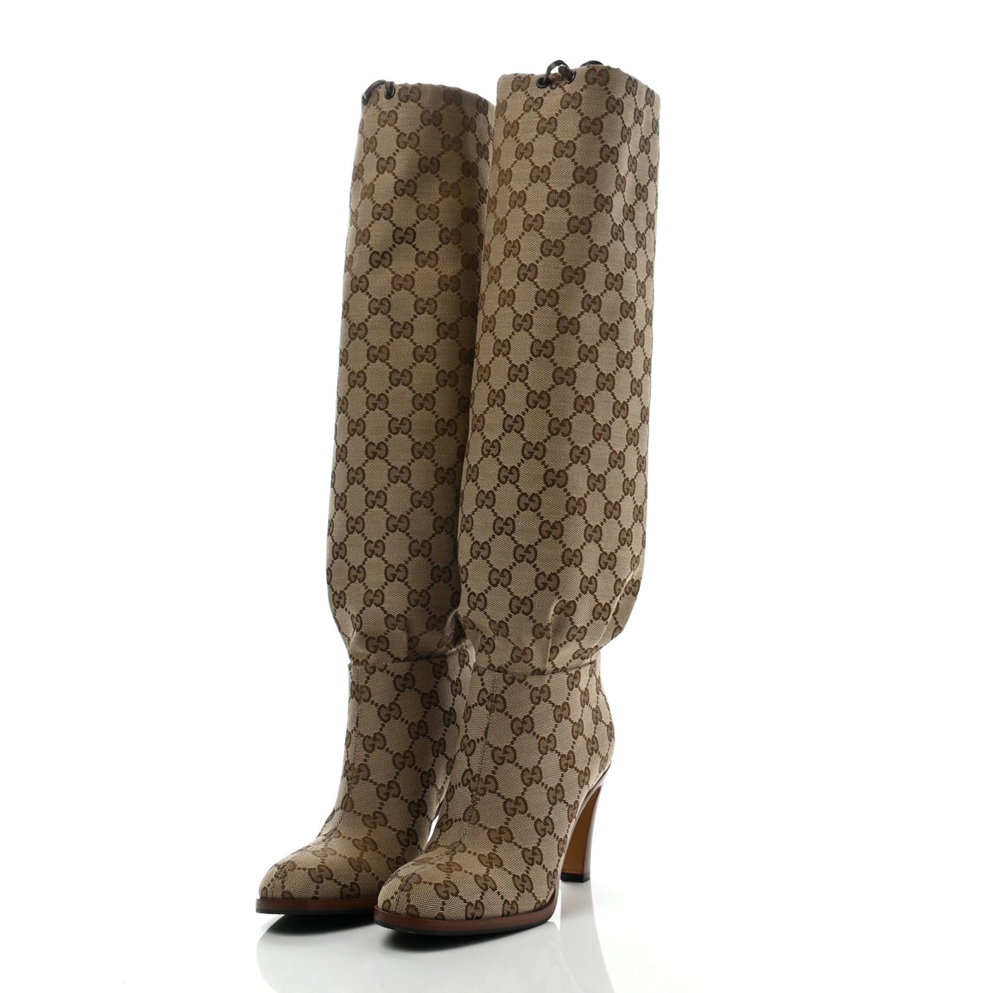 Monogram Malaga Kid Lisa Mid Heel Boots 37 Beige Ebony