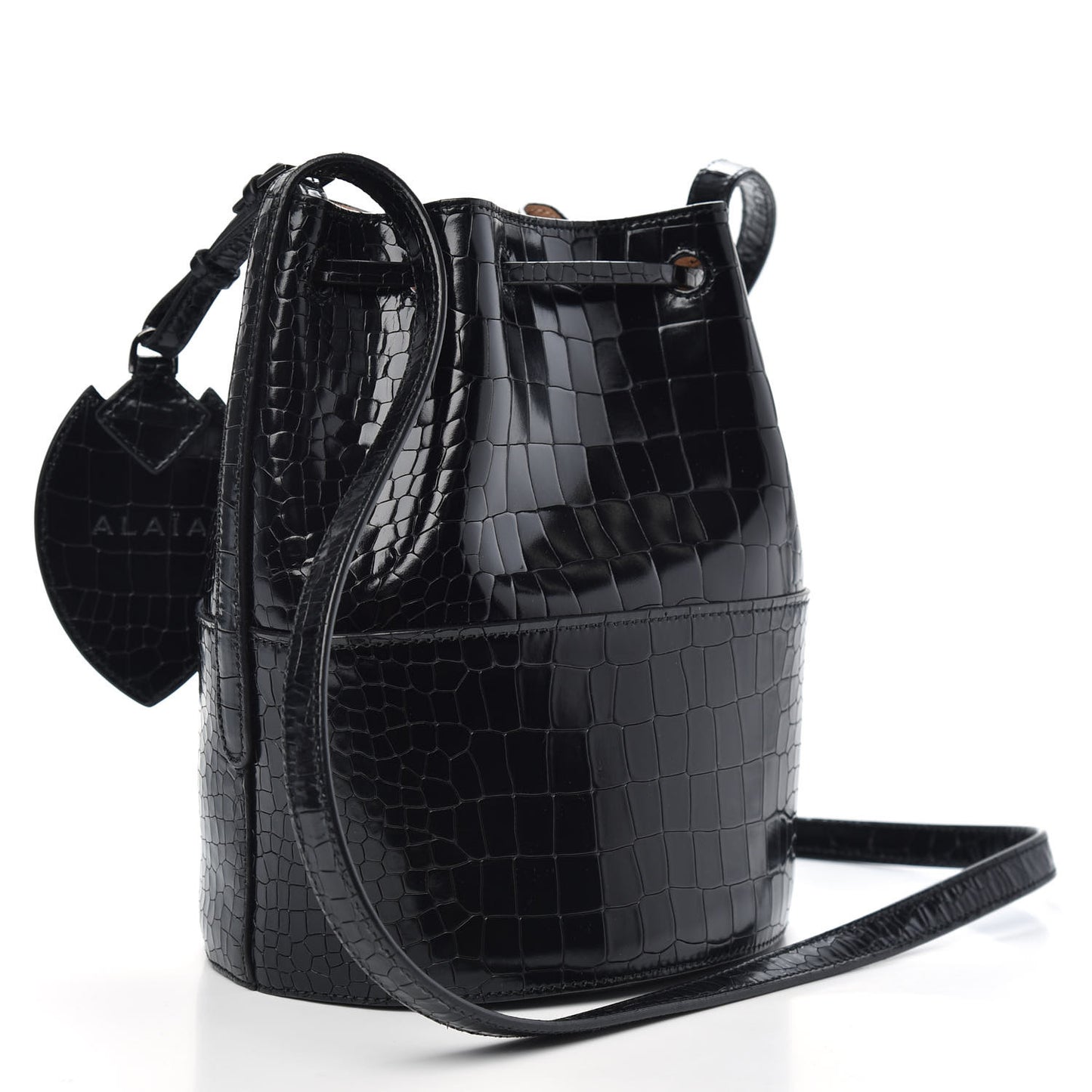 Calfskin Crocodile Embossed Drawstring Bucket Bag Black