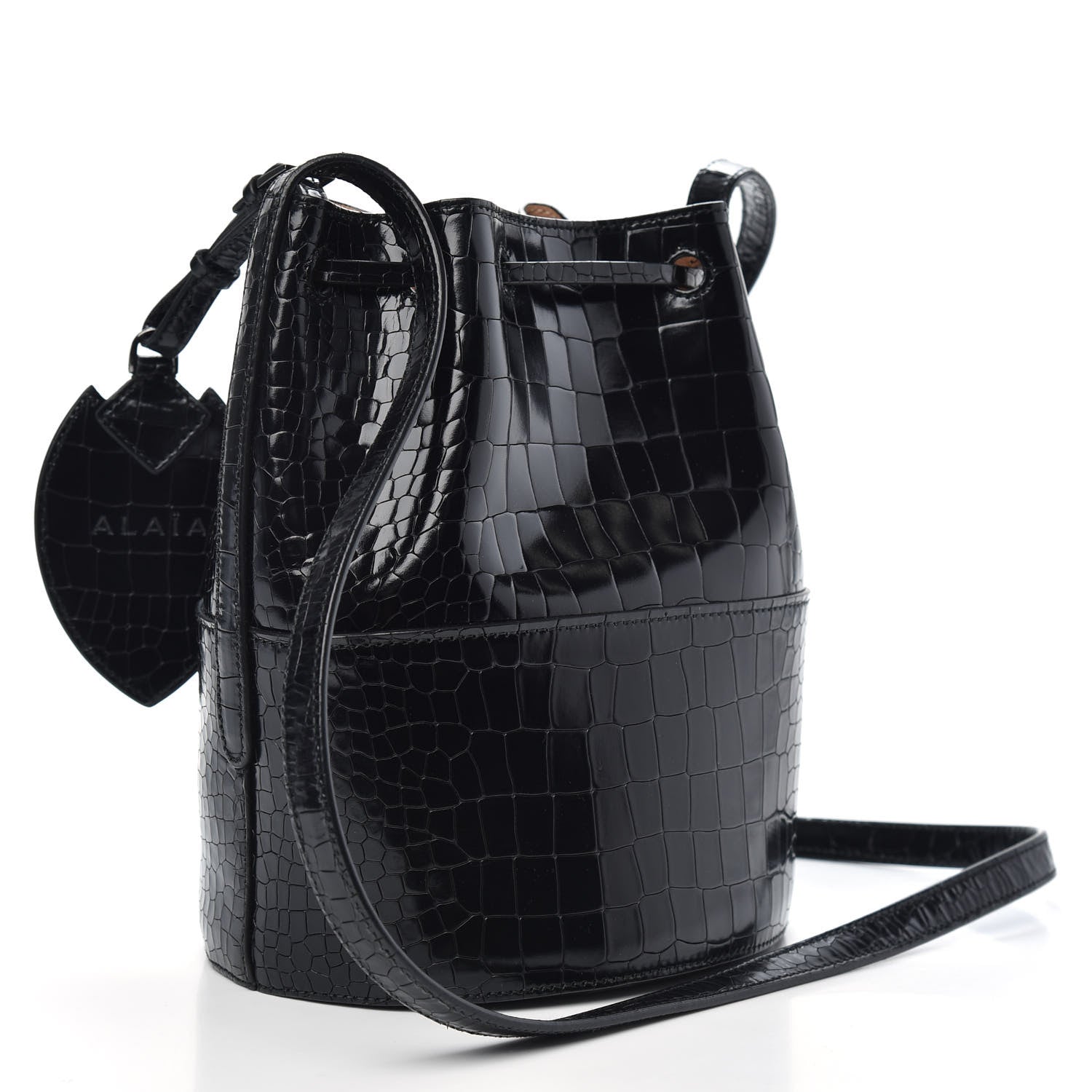 Alaia Calfskin Crocodile Embossed Drawstring Bucket Bag Black 3 of 8