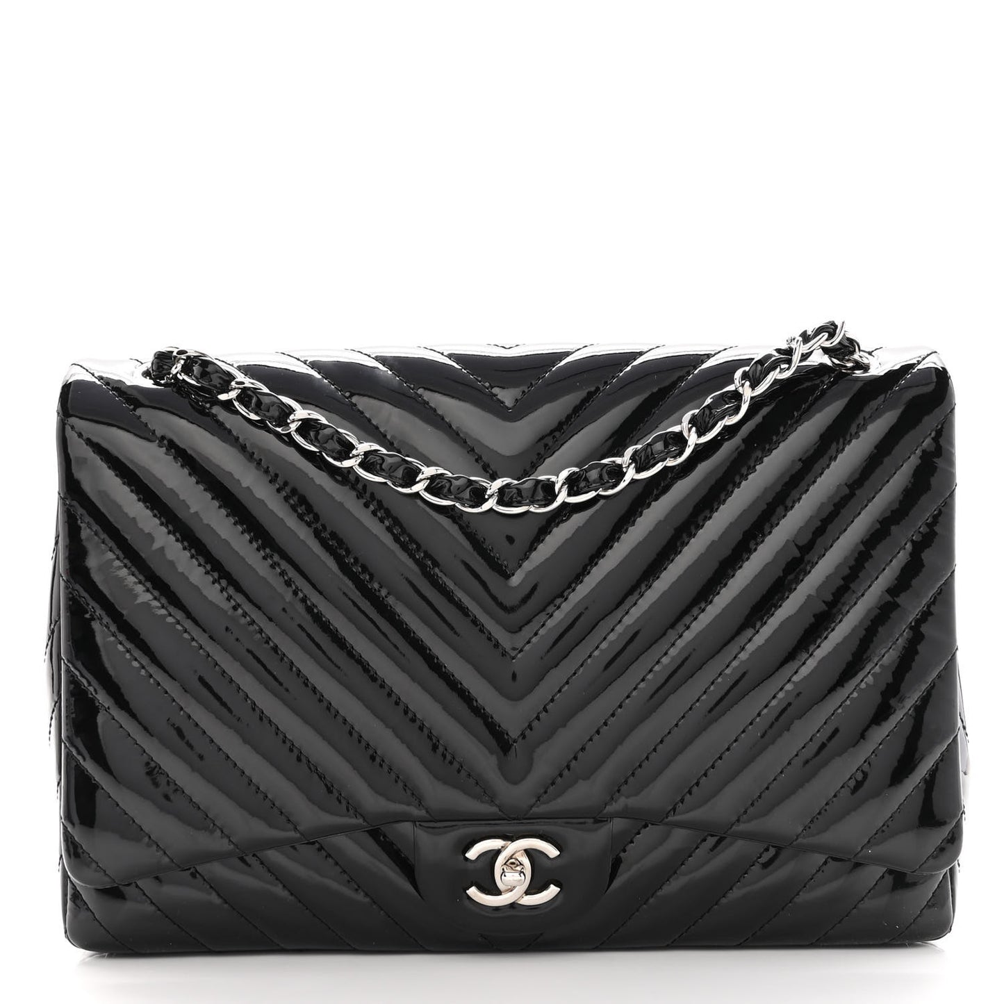 Patent Chevron Quilted Maxi Single Flap Black