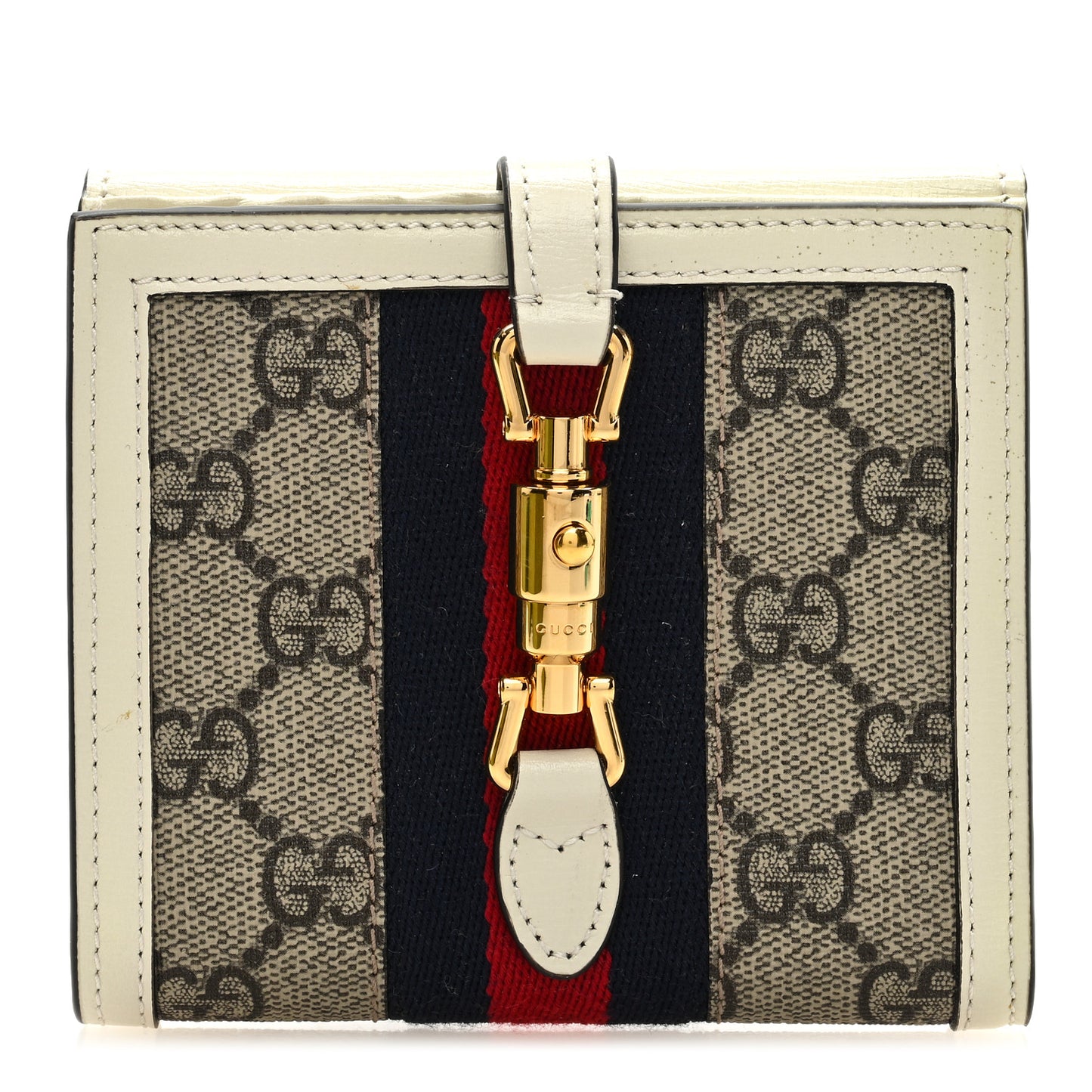 GG Supreme Monogram Textured Calfskin Web Jackie 1961 French Flap Wallet Beige Ebony Mystic White