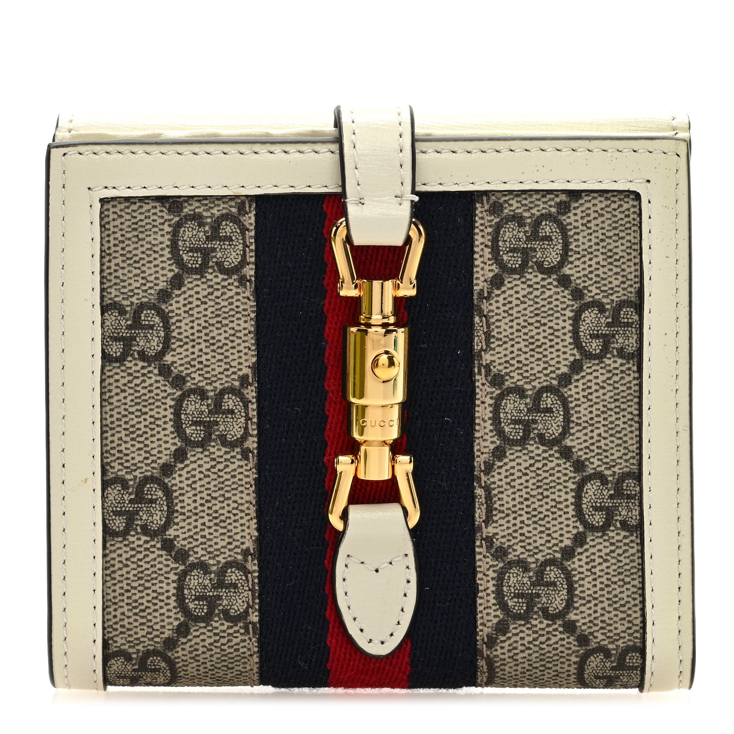 Gucci GG Supreme Monogram Textured Calfskin Web Jackie 1961 French Flap Wallet Beige Ebony Mystic White 1 of 6