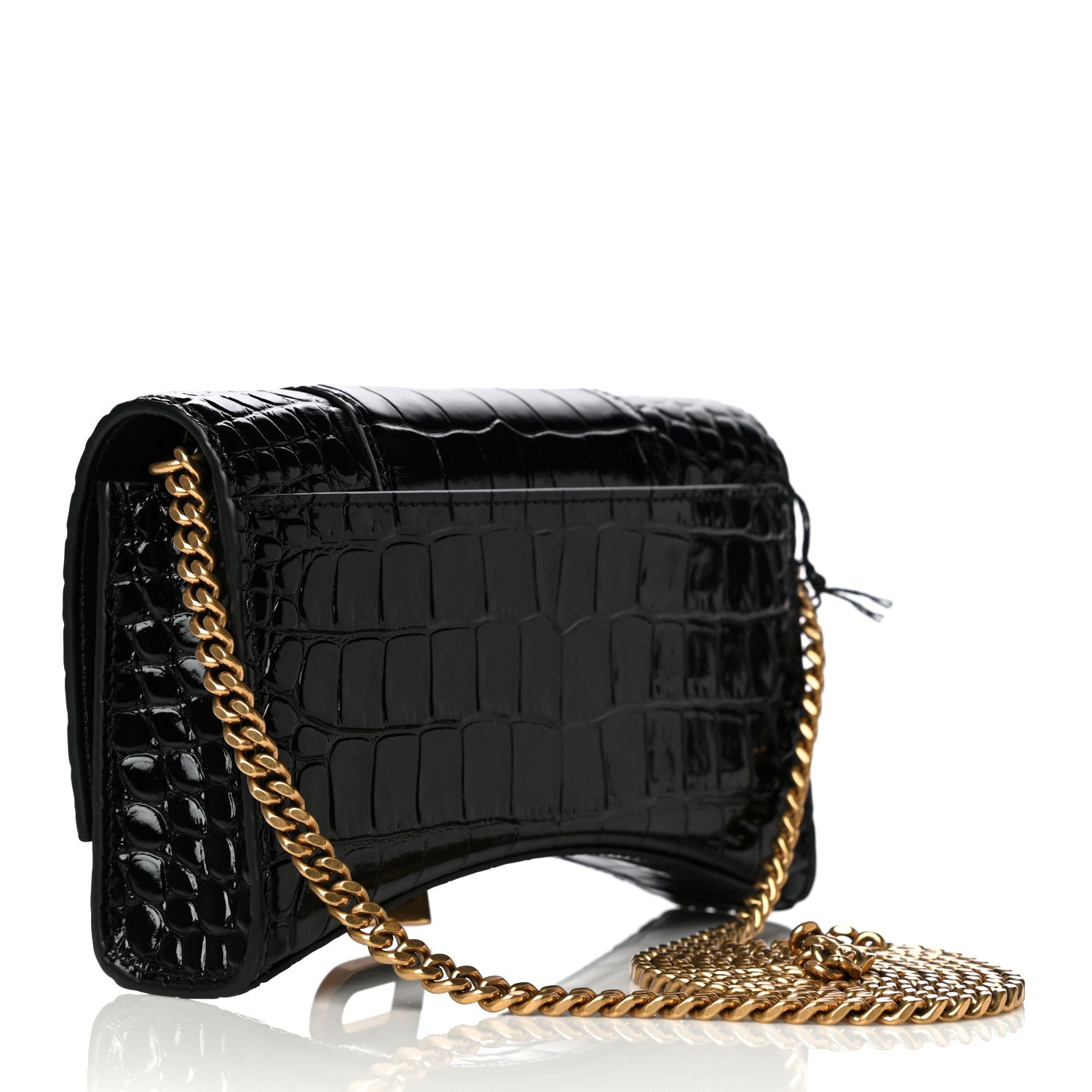 Balenciaga Shiny Calfskin Crocodile Embossed Hourglass Chain Bag Black 3 of 7