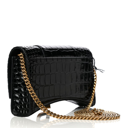 Balenciaga Shiny Calfskin Crocodile Embossed Hourglass Chain Bag Black 3 of 7