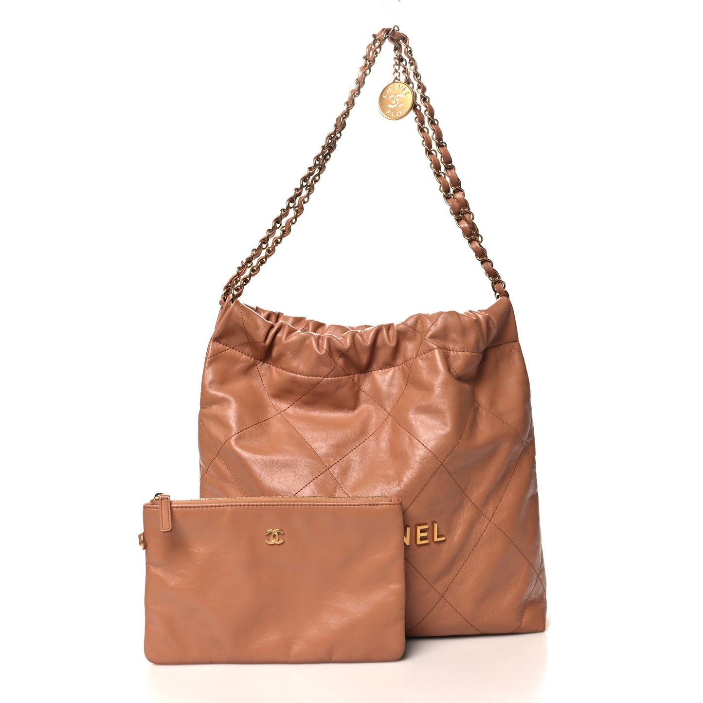 Shiny Calfskin Quilted Small Chanel 22 Camel